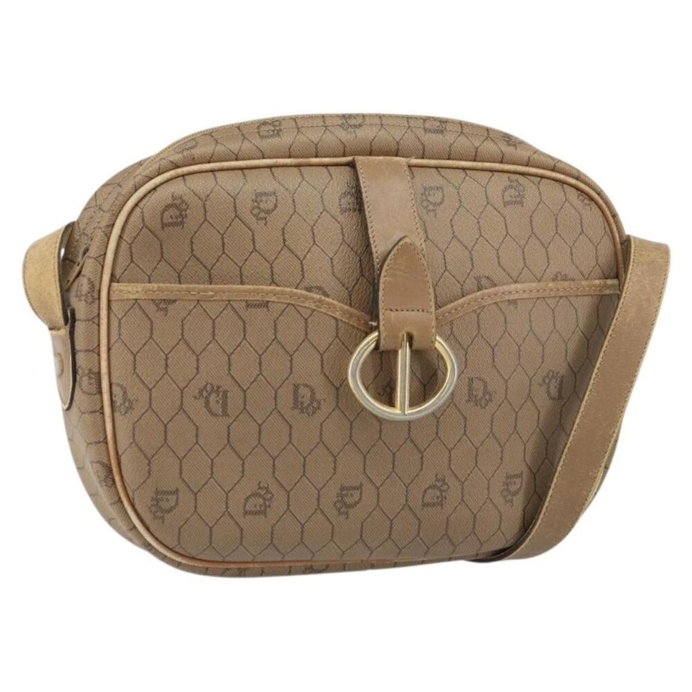 Authentic Christian Dior Honeycomb Canvas Shoulder Bag PVC Beige Gold